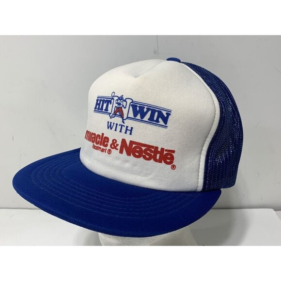 VINTAGE - HIT 'N' WIN Nestle Blue White Trucker Cap SnapBack Mesh Hat - Picture 1 of 10